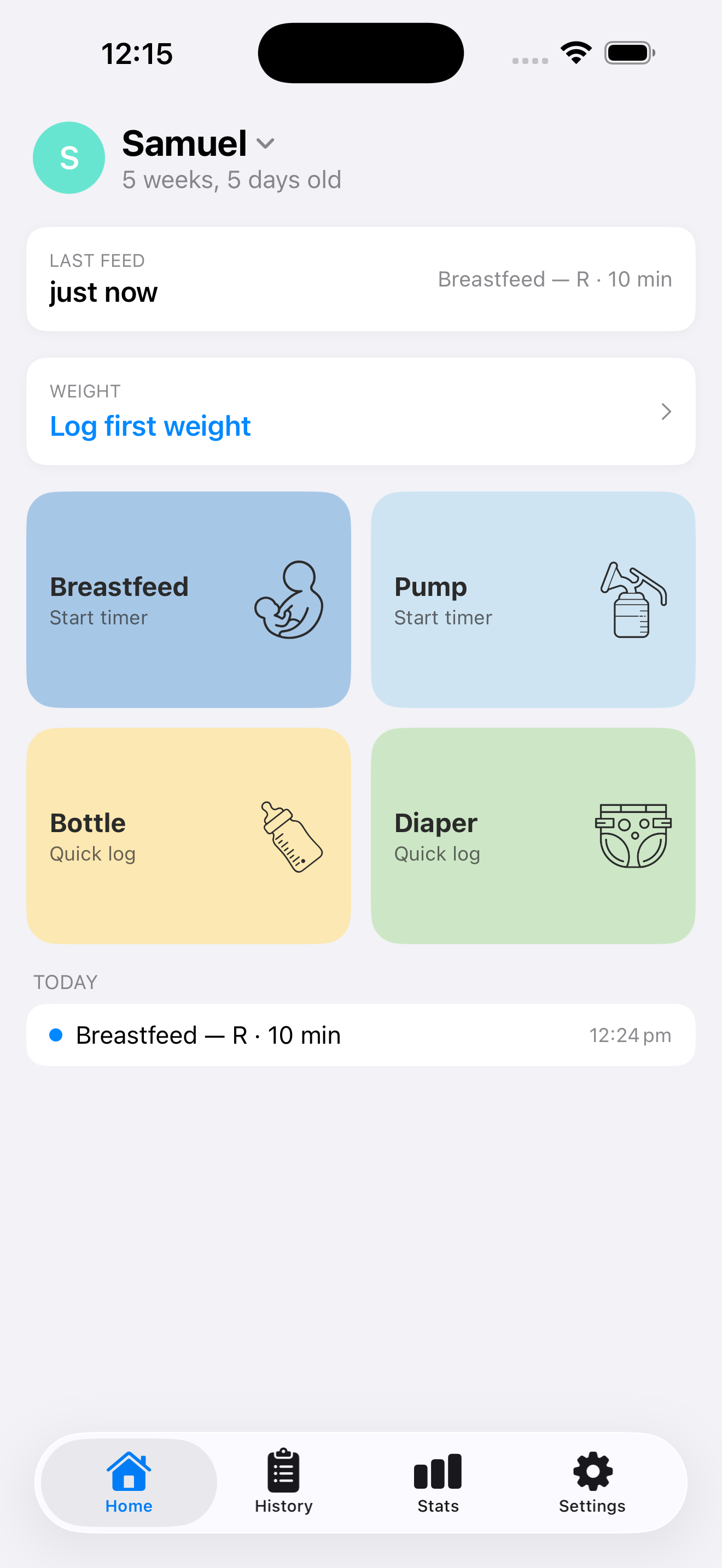 Babio Home screen with Breastfeed, Pump, Bottle and Diaper buttons